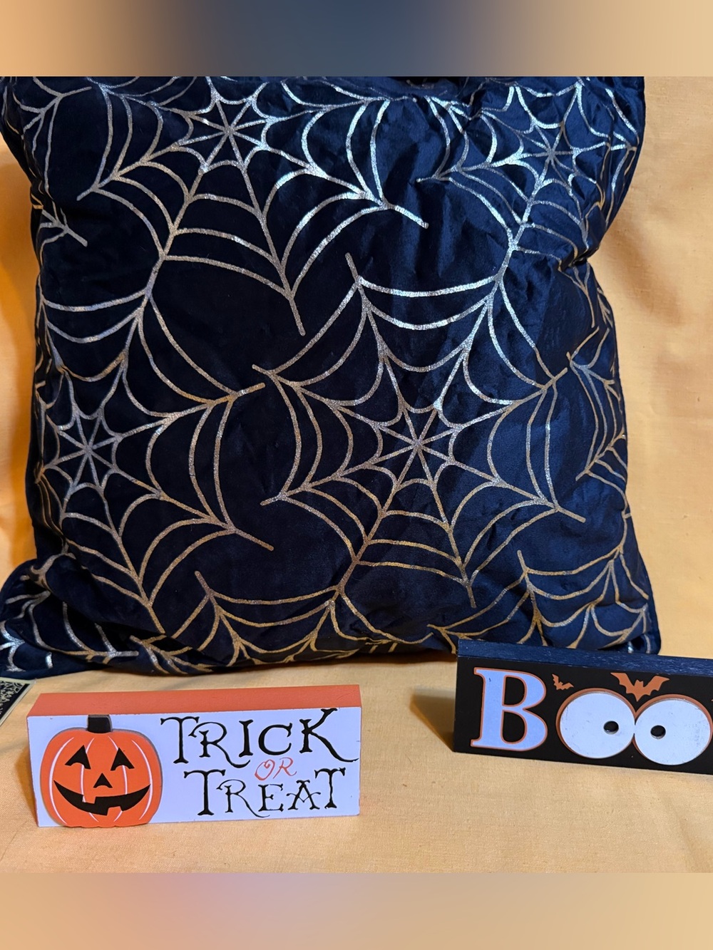 Halloween Spiderweb Accent Pillow in Black velvet